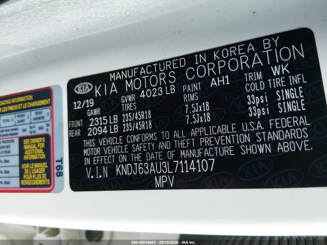 2020 Kia Soul Gt-line მანქანა იყიდება აუქციონზე, vin: KNDJ63AU3L7114107, აუქციონის ნომერი: 45838602