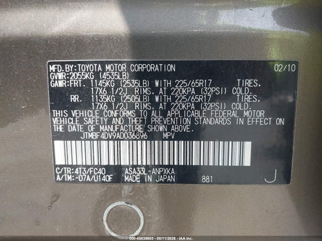 Aukcja sprzedaży 2010 Toyota Rav4, vin: JTMBF4DV9AD036896, numer aukcji: 45838603