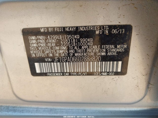 Продаж на аукціоні авто 2013 Subaru Impreza 2.0i Premium, vin: JF1GPAD66D2888820, номер лоту: 45838618