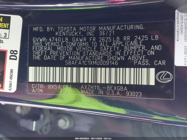 Aukcja sprzedaży 2021 Lexus Es 300h Ultra Luxury, vin: 58AFA1C1XMU009146, numer aukcji: 45838623