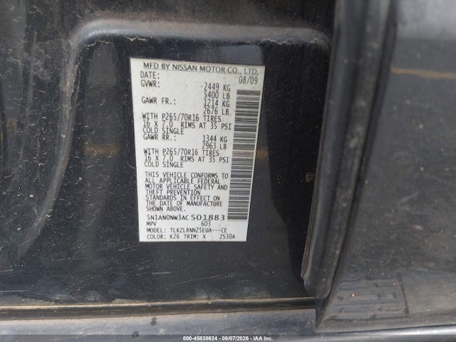 45838624 :رقم المزاد ، 5N1AN0NW3AC501883 vin ، 2010 Nissan Xterra S مزاد بيع