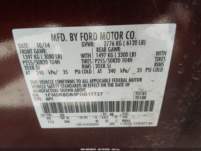 Продаж на аукціоні авто 2015 Ford Explorer Xlt, vin: 1FM5K8D83FGB17727, номер лоту: 45838630