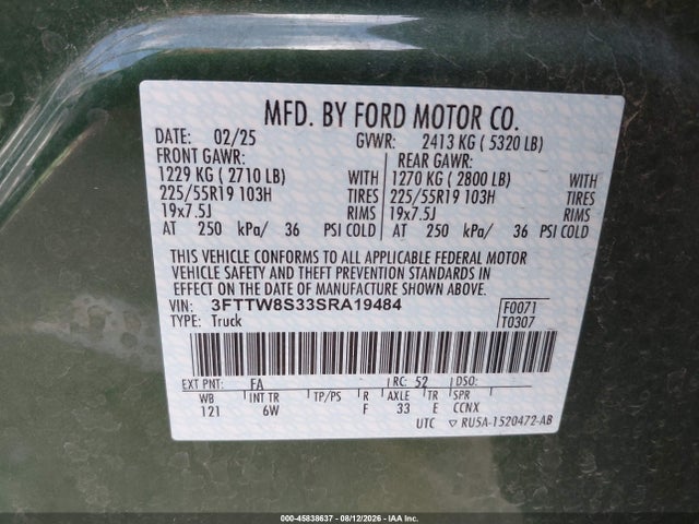 2025 Ford Maverick Lariat მანქანა იყიდება აუქციონზე, vin: 3FTTW8S33SRA19484, აუქციონის ნომერი: 45838637