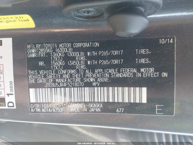 2015 Toyota 4runner Sr5 მანქანა იყიდება აუქციონზე, vin: JTEBU5JR4F5218070, აუქციონის ნომერი: 45838638