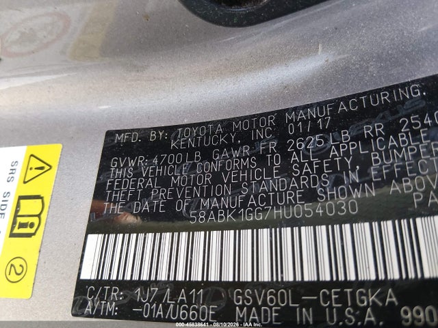 Aukcja sprzedaży 2017 Lexus Es 350, vin: 58ABK1GG7HU054030, numer aukcji: 45838641