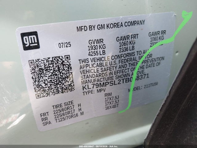45838647 :رقم المزاد ، KL79MPSL2TB058371 vin ، 2026 Chevrolet Trailblazer Fwd Lt مزاد بيع