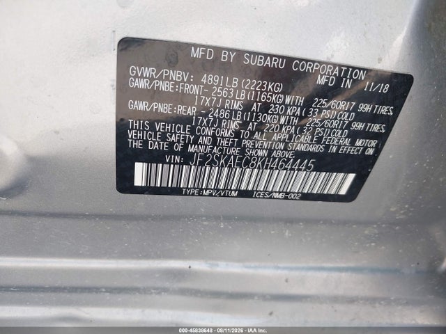 45838648 :رقم المزاد ، JF2SKAEC8KH464445 vin ، 2019 Subaru Forester Premium مزاد بيع