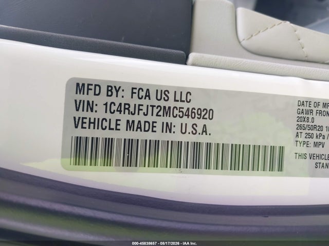 45838657 :رقم المزاد ، 1C4RJFJT2MC546920 vin ، 2021 Jeep Grand Cherokee Summit 4x4 مزاد بيع