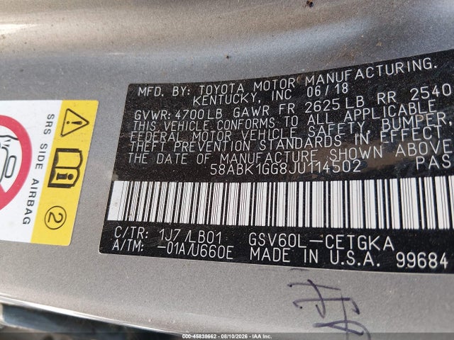 Aukcja sprzedaży 2018 Lexus Es 350, vin: 58ABK1GG8JU114502, numer aukcji: 45838662