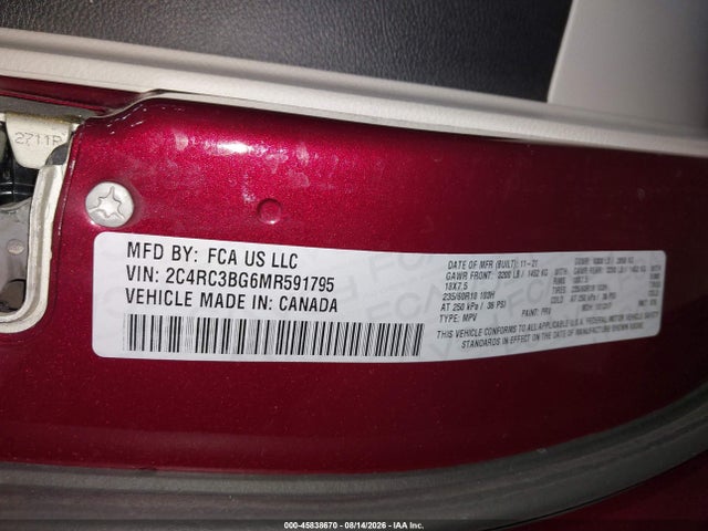 45838670 :رقم المزاد ، 2C4RC3BG6MR591795 vin ، 2021 Chrysler Pacifica Touring L Awd مزاد بيع