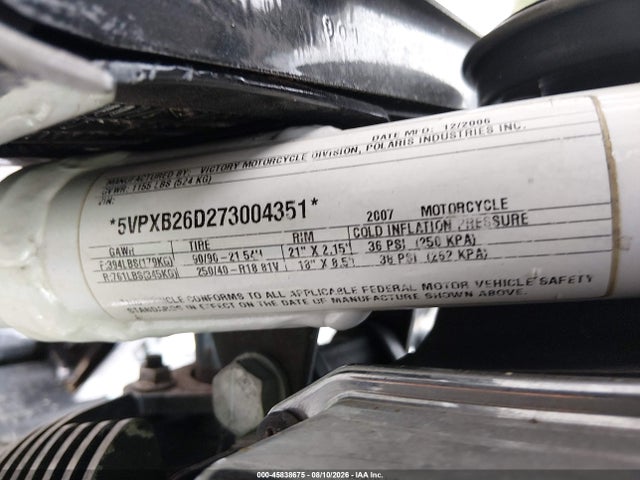 2007 Victory Motorcycles Vegas Jackpot მანქანა იყიდება აუქციონზე, vin: 5VPXB26D273004351, აუქციონის ნომერი: 45838675