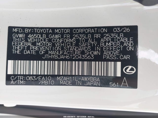 Продажа на аукционе авто 2026 Lexus Ux 300h, vin: JTHYBJAH6T2043563, номер лота: 45838678