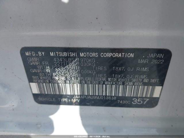 2022 Mitsubishi Outlander Sport 2.0 Le 2wd მანქანა იყიდება აუქციონზე, vin: JA4APUAU9NU013638, აუქციონის ნომერი: 45838682