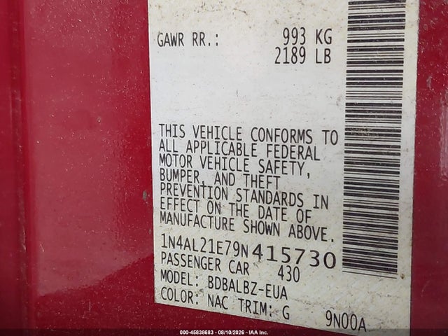2009 Nissan Altima 2.5 S მანქანა იყიდება აუქციონზე, vin: 1N4AL21E79N415730, აუქციონის ნომერი: 45838683