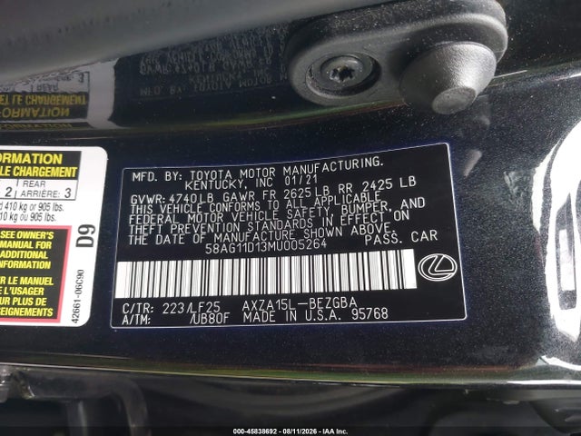 45838692 :رقم المزاد ، 58AG11D13MU005264 vin ، 2021 Lexus Es 250 F Sport مزاد بيع