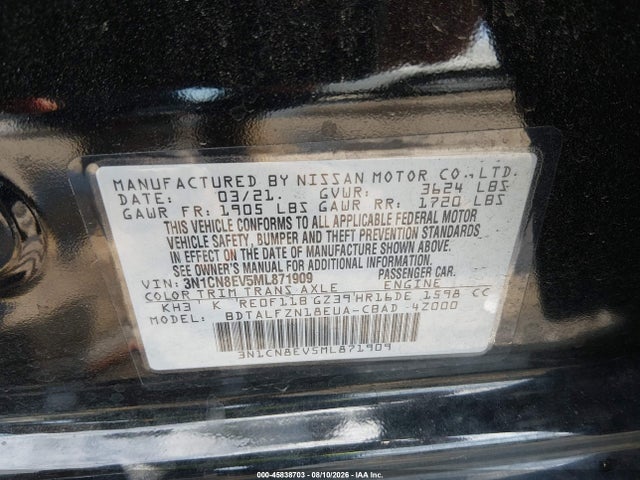 45838703 :رقم المزاد ، 3N1CN8EV5ML871909 vin ، 2021 Nissan Versa Sv Xtronic Cvt مزاد بيع
