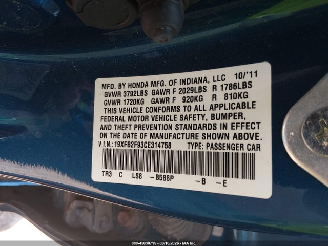 Продаж на аукціоні авто 2012 Honda Civic Ex-l, vin: 19XFB2F93CE314758, номер лоту: 45838715