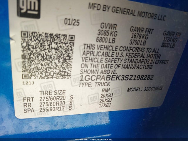 45838731 :رقم المزاد ، 1GCPABEK3SZ198282 vin ، 2025 Chevrolet Silverado 1500 Custom مزاد بيع