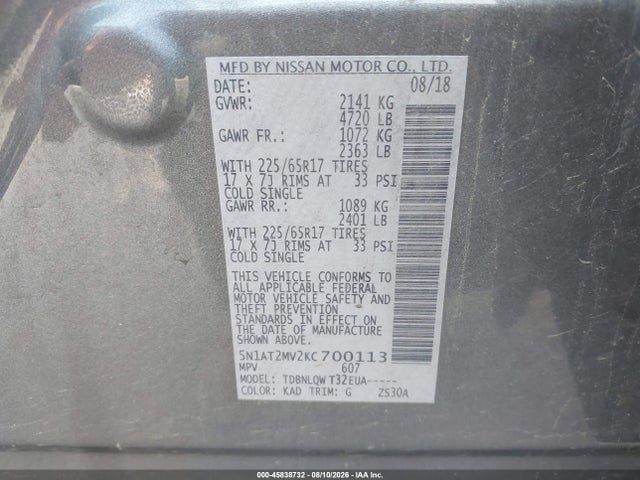Продажа на аукционе авто 2019 Nissan Rogue Sv, vin: 5N1AT2MV2KC700113, номер лота: 45838732