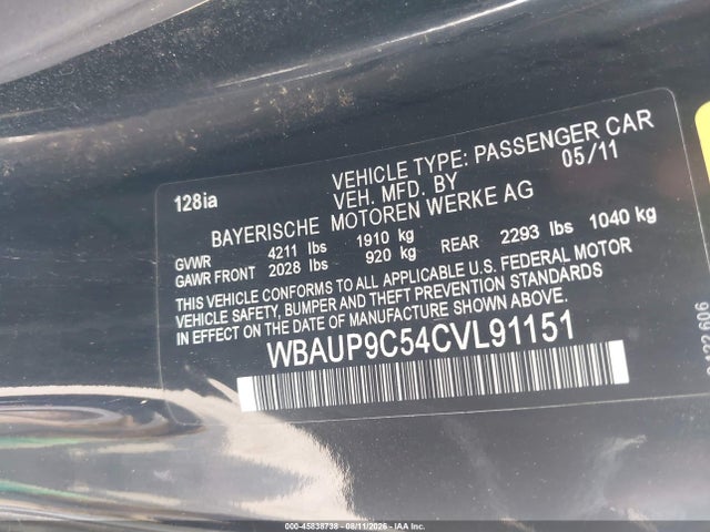 2012 Bmw 128i მანქანა იყიდება აუქციონზე, vin: WBAUP9C54CVL91151, აუქციონის ნომერი: 45838738