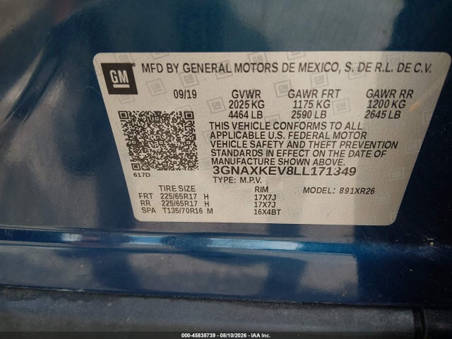2020 Chevrolet Equinox Fwd Lt 1.5l Turbo მანქანა იყიდება აუქციონზე, vin: 3GNAXKEV8LL171349, აუქციონის ნომერი: 45838739