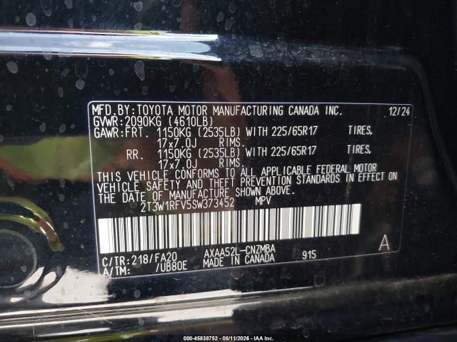 45838752 :رقم المزاد ، 2T3W1RFV5SW373452 vin ، 2025 Toyota Rav4 Xle مزاد بيع