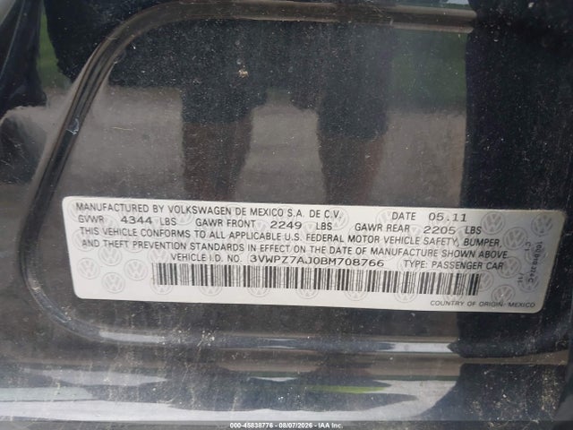Продаж на аукціоні авто 2011 Volkswagen Jetta Sportwagen 2.5l Se, vin: 3VWPZ7AJ0BM708766, номер лоту: 45838776