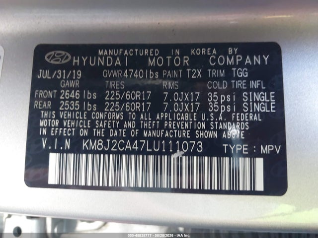 Продажа на аукционе авто 2020 Hyundai Tucson Se, vin: KM8J2CA47LU111073, номер лота: 45838777