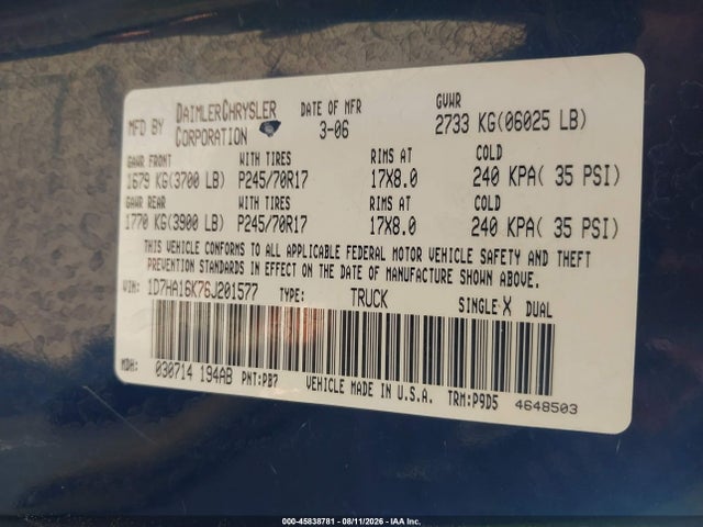 Продаж на аукціоні авто 2006 Dodge Ram 1500 St, vin: 1D7HA16K76J201577, номер лоту: 45838781
