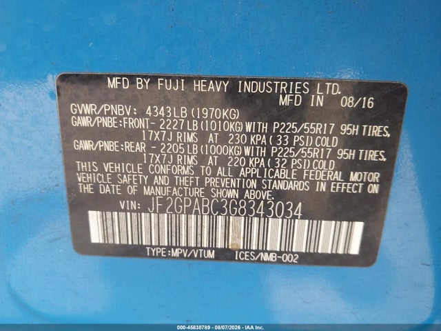 45838789 :رقم المزاد ، JF2GPABC3G8343034 vin ، 2016 Subaru Crosstrek 2.0i Premium مزاد بيع