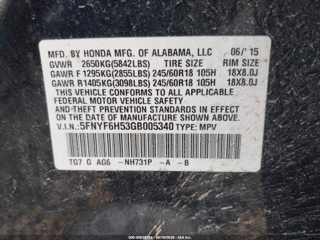 Продаж на аукціоні авто 2016 Honda Pilot Ex-l, vin: 5FNYF6H53GB005340, номер лоту: 45838794