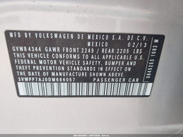 Aukcja sprzedaży 2013 Volkswagen Jetta Sportwagen 2.5l S, vin: 3VWPP7AJ0DM666057, numer aukcji: 45838803