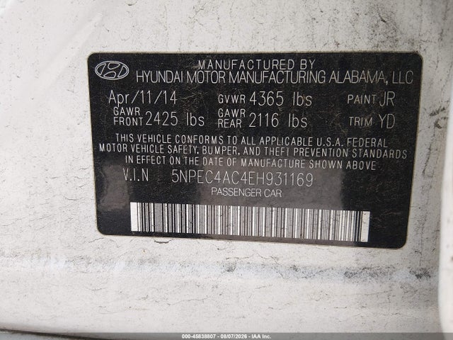 45838807 :رقم المزاد ، 5NPEC4AC4EH931169 vin ، 2014 Hyundai Sonata Limited مزاد بيع