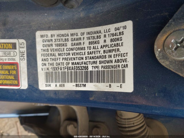 45838808 :رقم المزاد ، 19XFA1F9XAE053266 vin ، 2010 Honda Civic Exl مزاد بيع