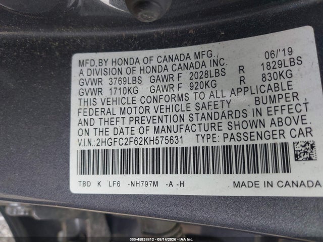 45838812 :رقم المزاد ، 2HGFC2F62KH575631 vin ، 2019 Honda Civic Lx مزاد بيع