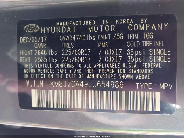 Aukcja sprzedaży 2018 Hyundai Tucson Se, vin: KM8J2CA49JU654986, numer aukcji: 45838824