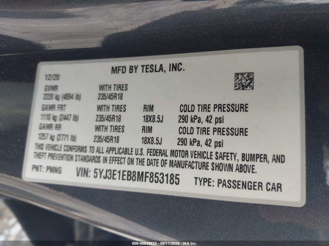 Aukcja sprzedaży 2021 Tesla Model 3 Long Range Dual Motor All-wheel Drive, vin: 5YJ3E1EB8MF853185, numer aukcji: 45838833