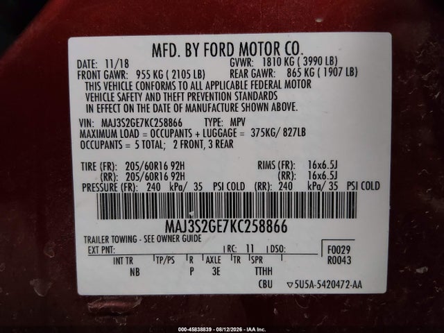 2019 Ford Ecosport Se მანქანა იყიდება აუქციონზე, vin: MAJ3S2GE7KC258866, აუქციონის ნომერი: 45838839