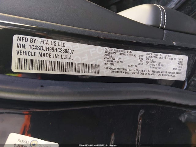 2024 Dodge Durango Srt Hellcat Premium Awd მანქანა იყიდება აუქციონზე, vin: 1C4SDJH99RC239807, აუქციონის ნომერი: 45838845