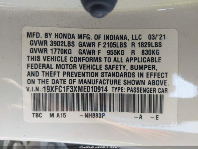 2021 Honda Civic Ex მანქანა იყიდება აუქციონზე, vin: 19XFC1F3XME010914, აუქციონის ნომერი: 45838869