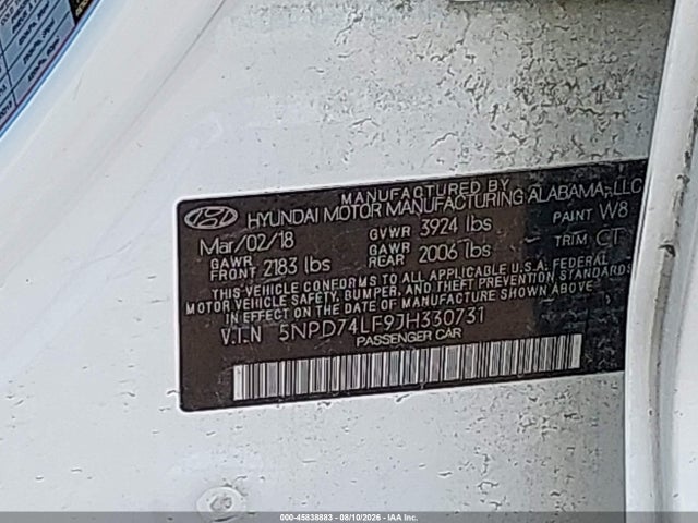 Продаж на аукціоні авто 2018 Hyundai Elantra Se, vin: 5NPD74LF9JH330731, номер лоту: 45838883