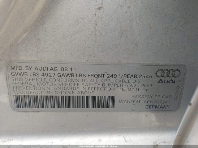 2012 Audi A4 2.0t Premium Plus მანქანა იყიდება აუქციონზე, vin: WAUFFAFL6CN007247, აუქციონის ნომერი: 45838892