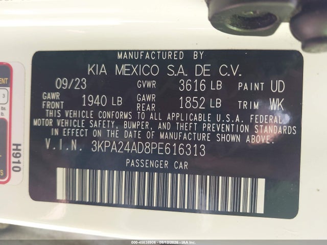 2023 Kia Rio Lx მანქანა იყიდება აუქციონზე, vin: 3KPA24AD8PE616313, აუქციონის ნომერი: 45838906