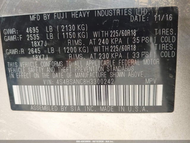Subaru Outback 2.5i Limited 2017 4S4BSANC8H3300242 Image 9