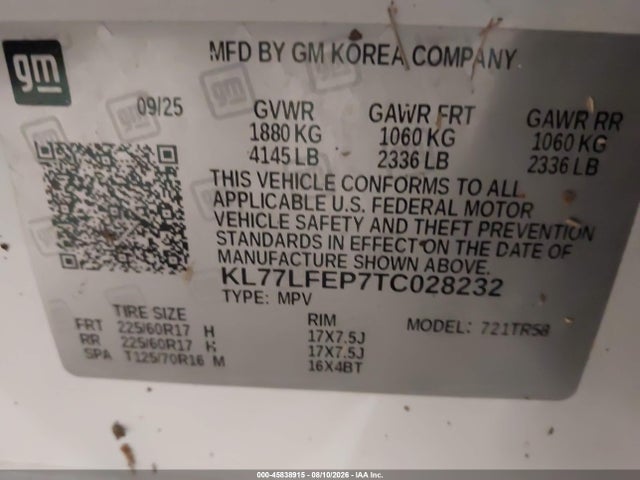 2026 Chevrolet Trax Fwd Ls მანქანა იყიდება აუქციონზე, vin: KL77LFEP7TC028232, აუქციონის ნომერი: 45838915