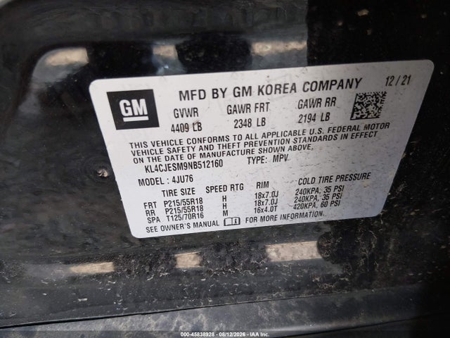 45838928 :رقم المزاد ، KL4CJESM9NB512160 vin ، 2022 Buick Encore Awd Preferred مزاد بيع