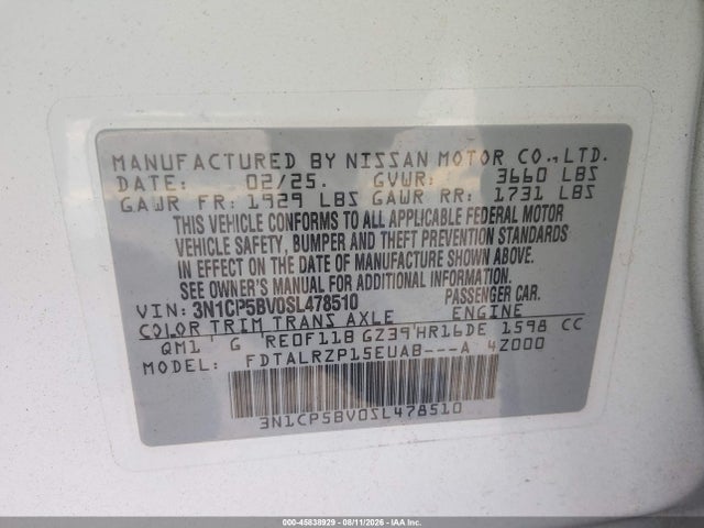 Aukcja sprzedaży 2025 Nissan Kicks Play S, vin: 3N1CP5BV0SL478510, numer aukcji: 45838929