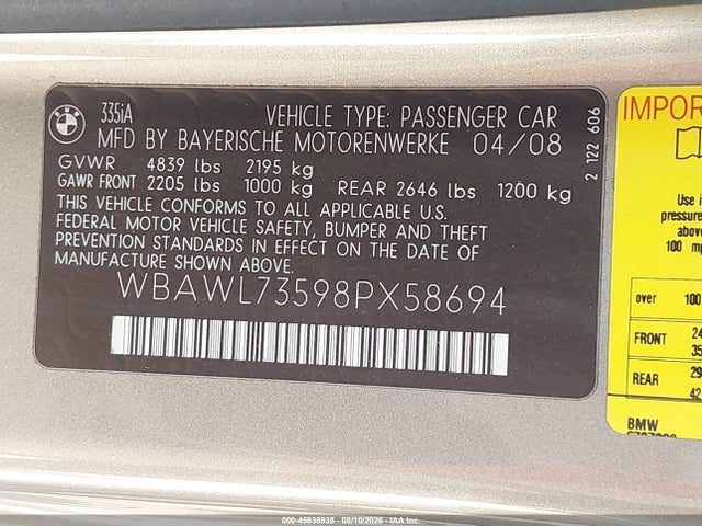 45838935 :رقم المزاد ، WBAWL73598PX58694 vin ، 2008 Bmw 335i مزاد بيع