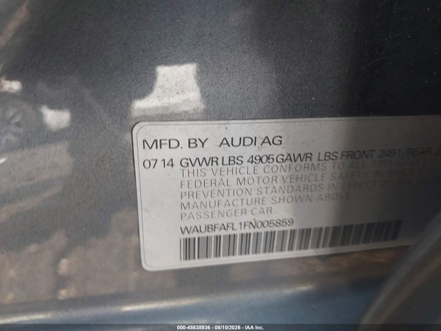 45838936 :رقم المزاد ، WAUBFAFL1FN005859 vin ، 2015 Audi A4 2.0t Premium مزاد بيع
