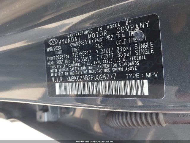 45838952 :رقم المزاد ، KM8K62AB2PU026777 vin ، 2023 Hyundai Kona Sel مزاد بيع